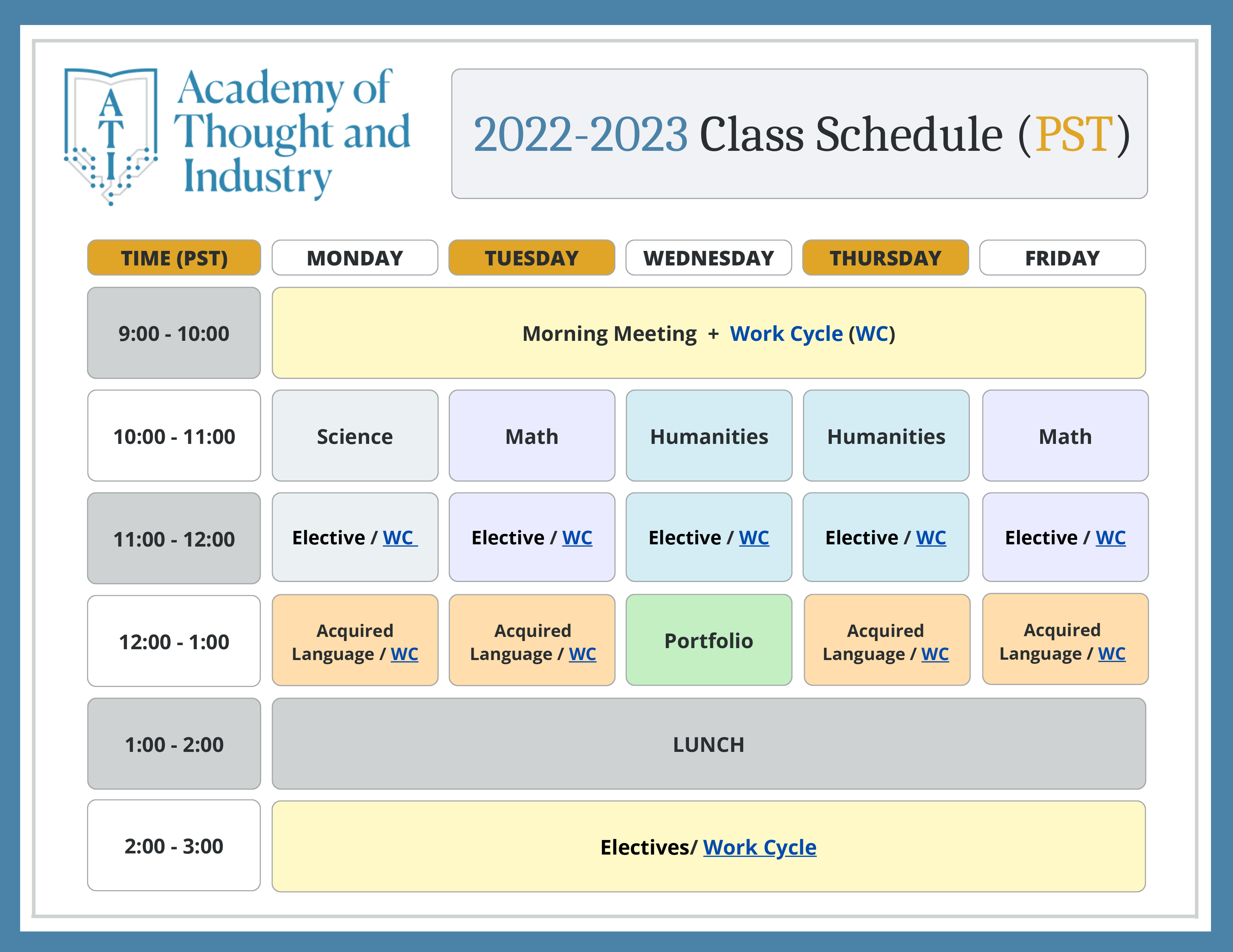 Sample Virtual Middle School Schedule - Pacific Time