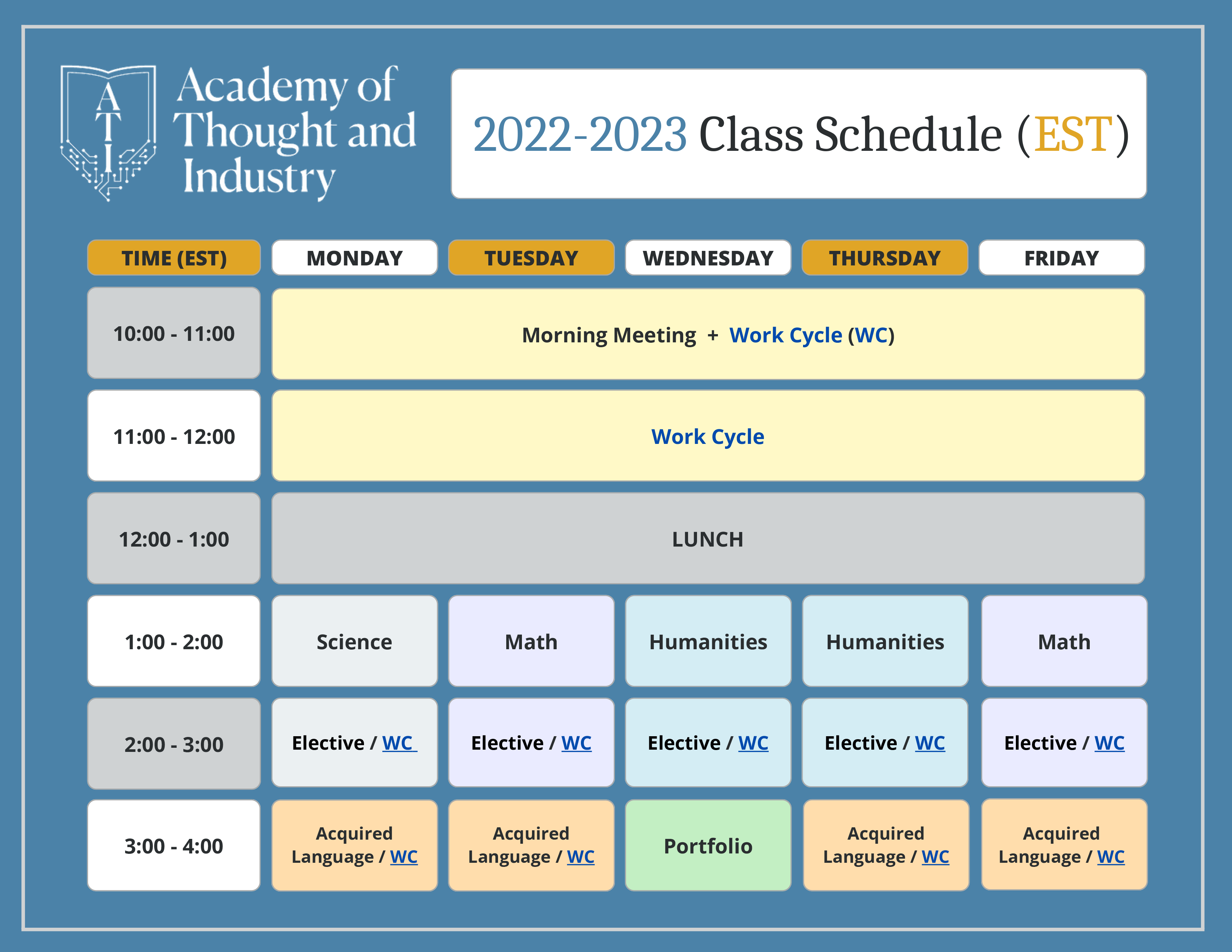 Sample Virtual Middle School Schedule - Eastern Time